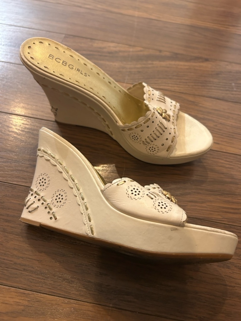 BCBGirls Beige Perforated Wedge Slide Sandals with Gold Accent - Picture 3 of 4